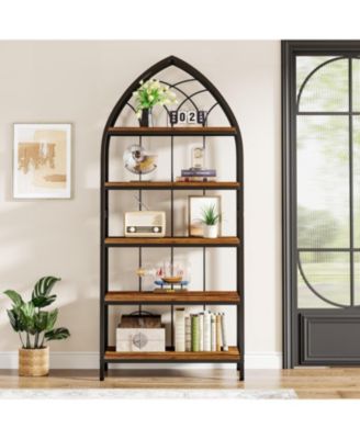 Tall Bookshelf, Industrial Curved Freestanding Display Shelf, Wood Storage Shelves with Metal Frame for Living Room