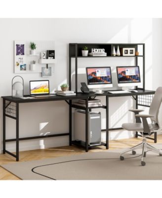 L-shaped Desk with Power Outlet Hutch