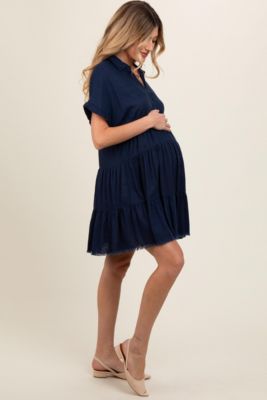 Maternity Navy Tiered Linen Dress