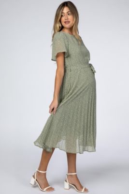 Maternity Light Olive Leaf Print Pleated Midi Dress