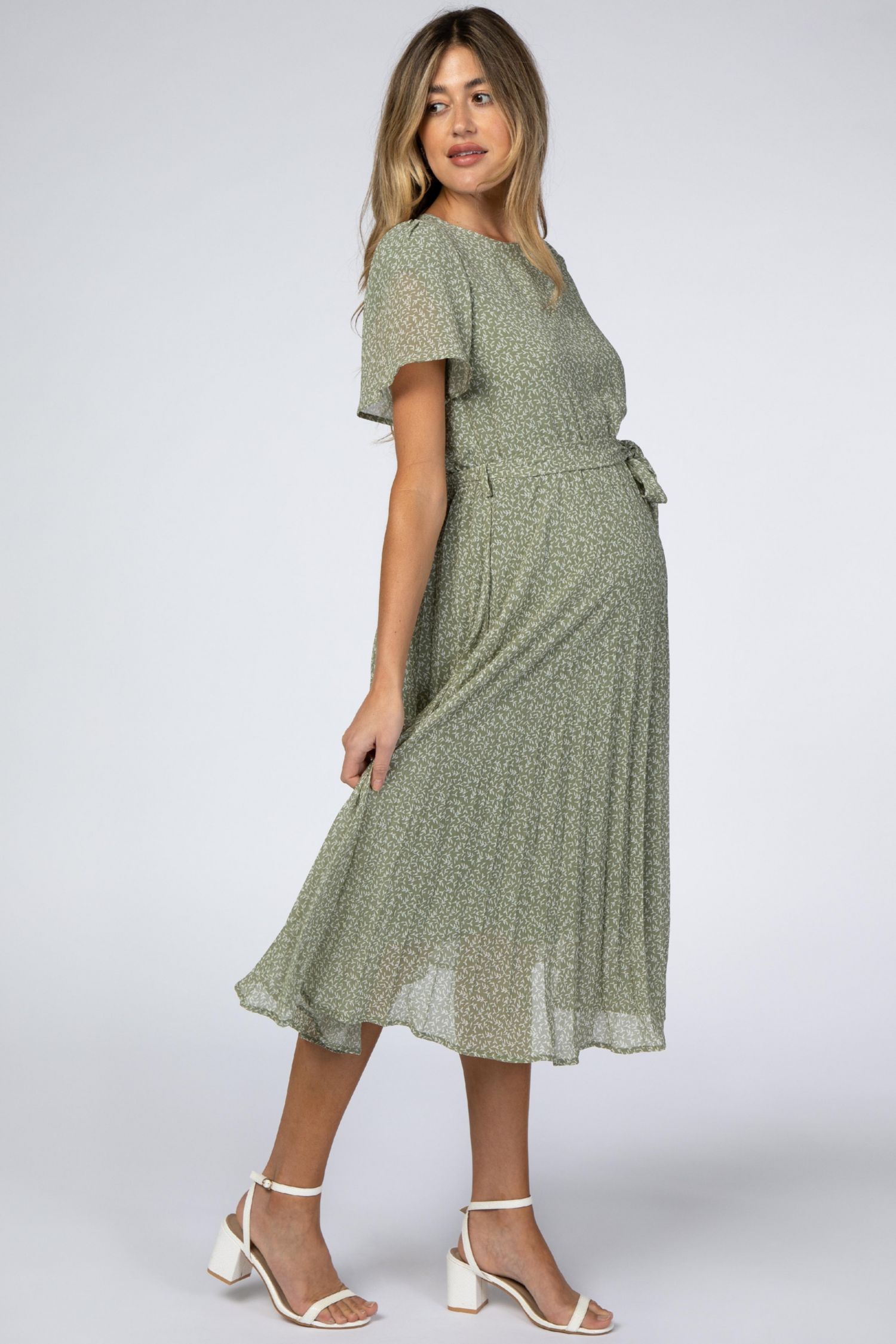 Women's Light Olive Leaf Print Pleated Midi Dress