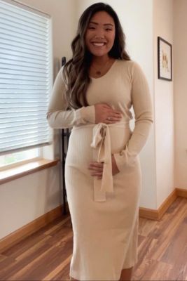 Maternity Beige Tie Front Sweater Midi Dress