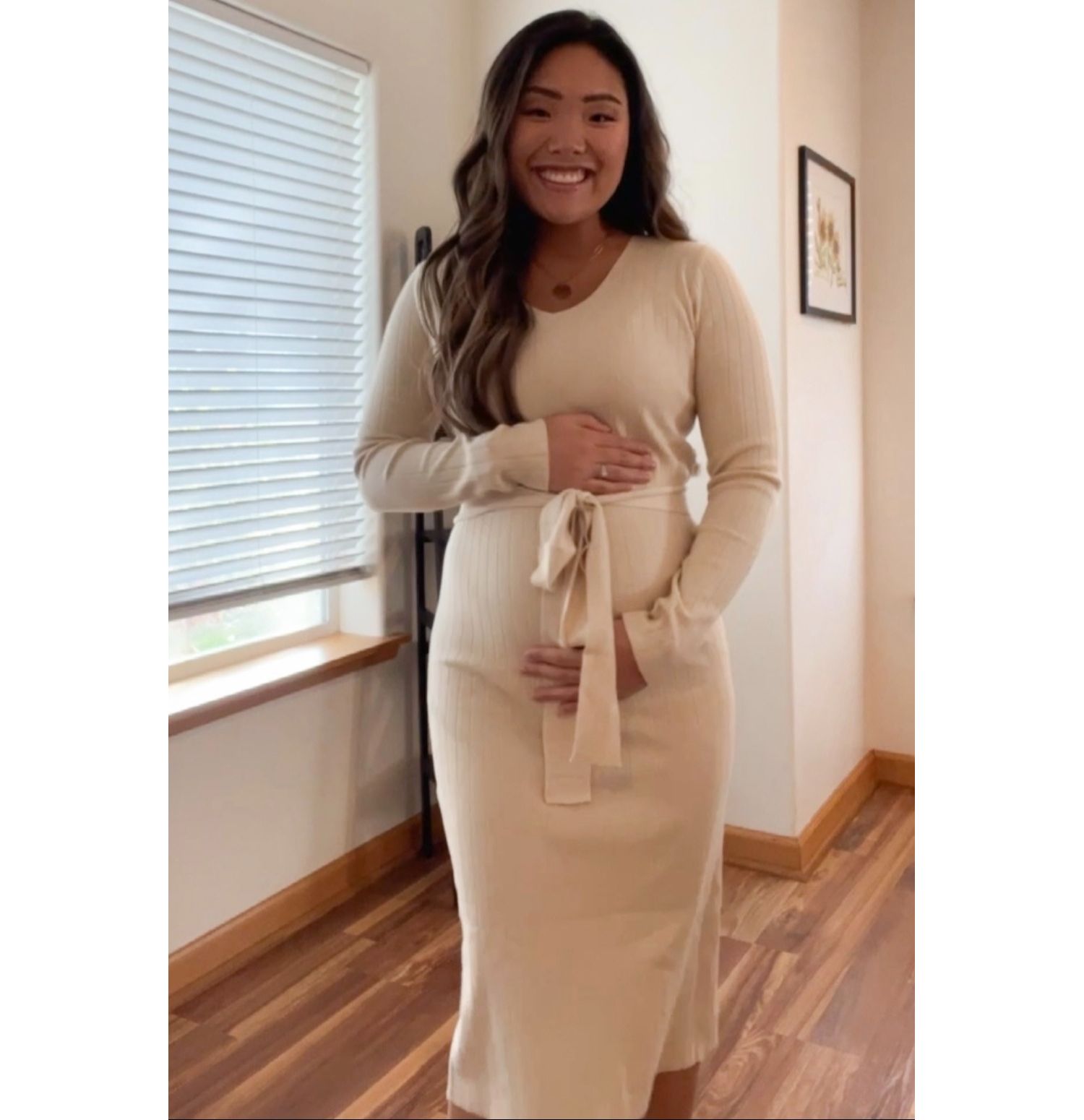 Maternity Beige Tie Front Sweater Midi Dress