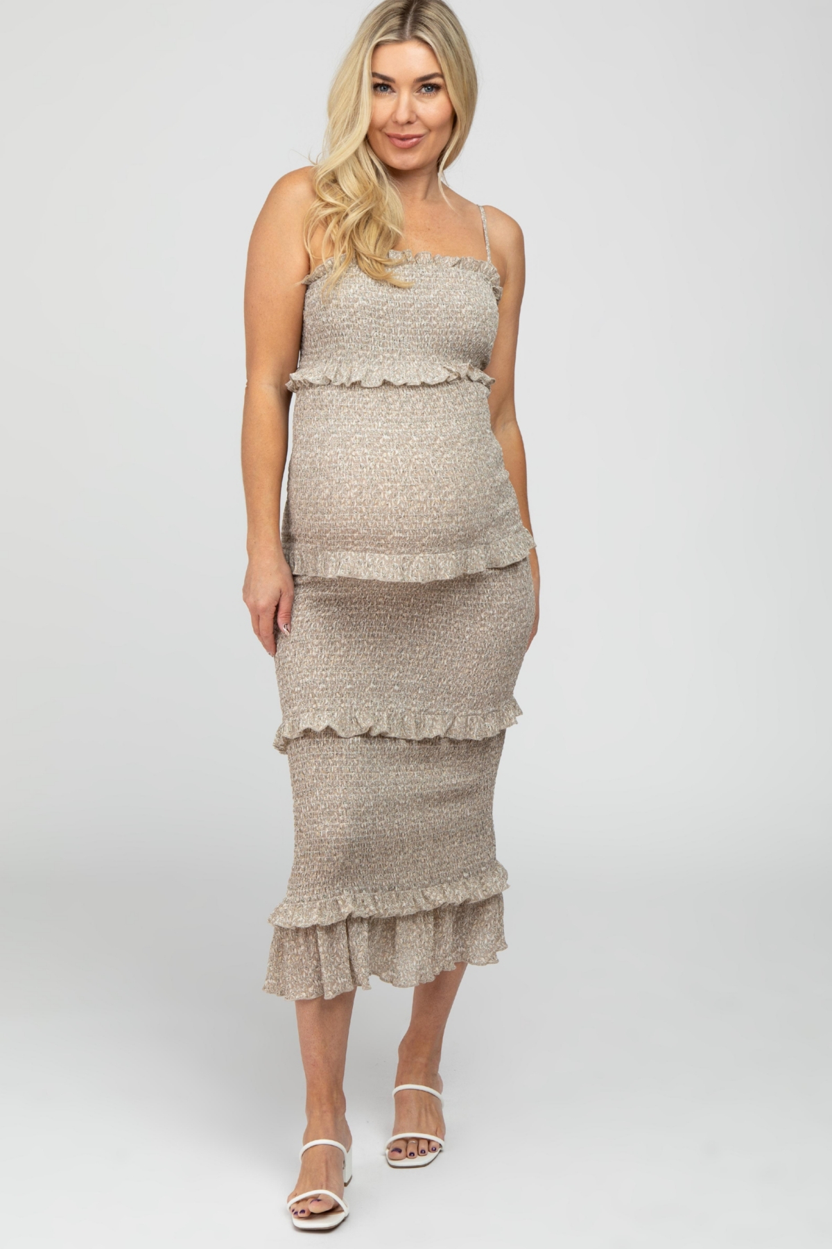 Maternity Taupe Leaf Print Smocked Fitted Midi Dress - Taupe