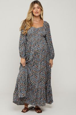 Maternity Navy Floral Long Sleeve Maxi Dress