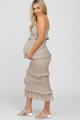 Maternity Taupe Leaf Print Smocked Fitted Midi Dress