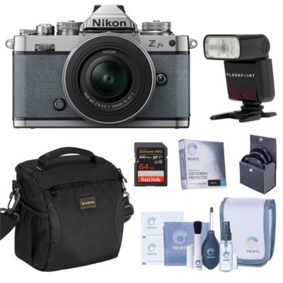 Z fc DX-Format Mirrorless Camera with NIKKOR Z DX 16-50mm f/3.5-6.3 VR Lens, Chalk Blue with Zoom-Mini TTL, Candisk PRO 64GB, Alpine 140,Screen