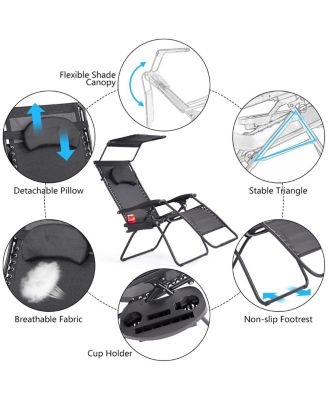 Folding Recliner Zero Gravity Lounge Chair W/ Shade Canopy Cup Holder