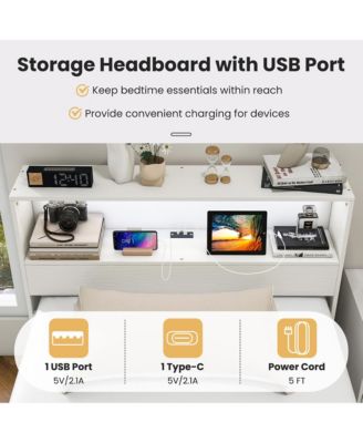 Twin Size Wooden Bed Frame w/ Charging Station & LED Light Storage Headboard