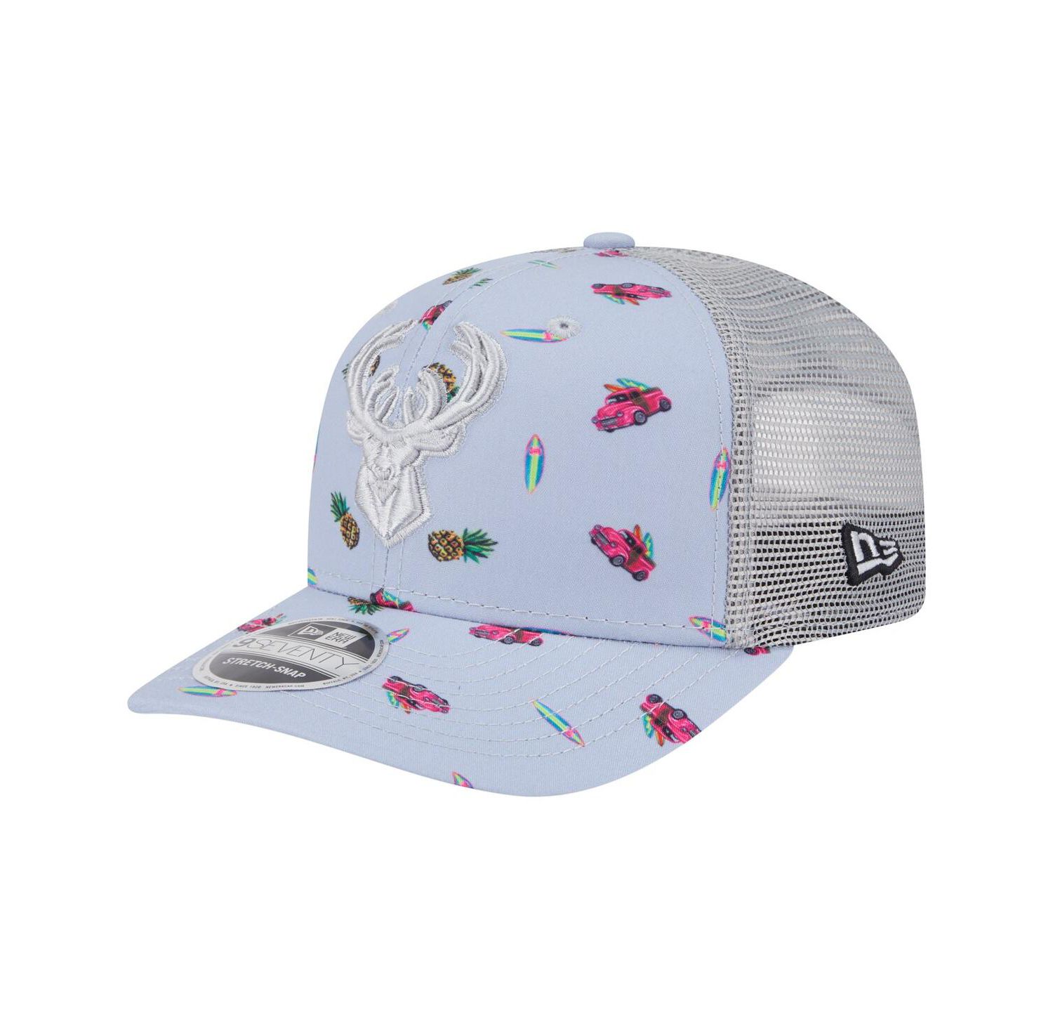 Men's Light Blue/Gray Milwaukee Bucks Adventure Aloha Pattern 9SEVENTY Stretch-Snap Hat