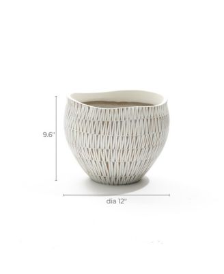 White with Gold V-Pattern Polyresin 12-Inch Round Planter