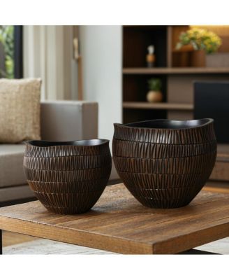 Brown with Black V-Pattern Polyresin 10.2-Inch Round Planter