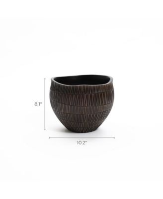 Brown with Black V-Pattern Polyresin 10.2-Inch Round Planter