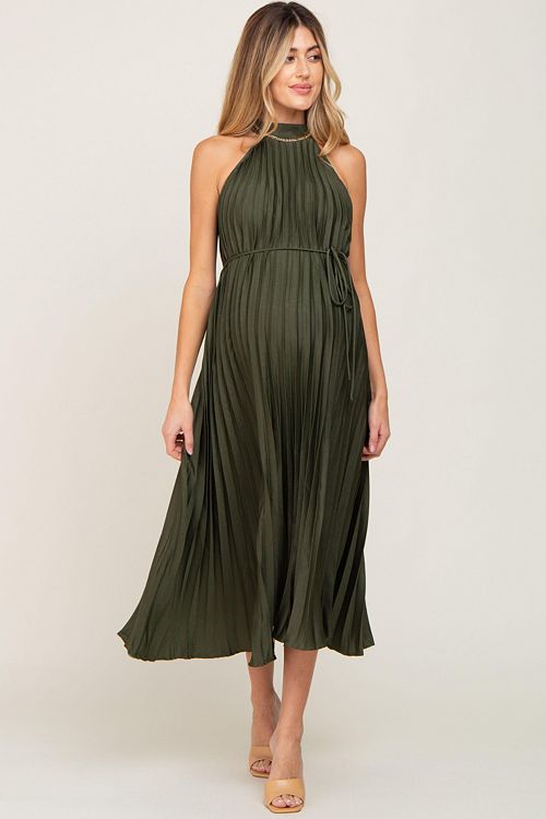 alfani Pinkblush Maternity Olive Pleated Halter Dress Women's Fashion Shoes & Accessories