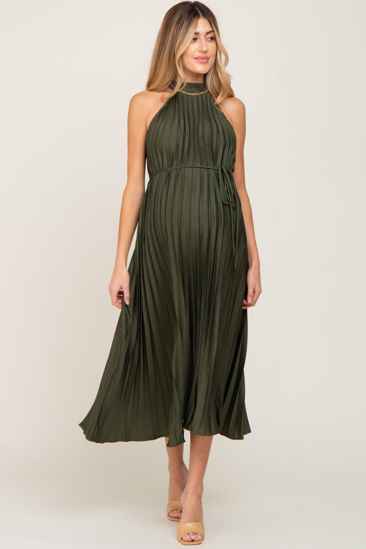 Maternity Olive Pleated Halter Dress - Forest green