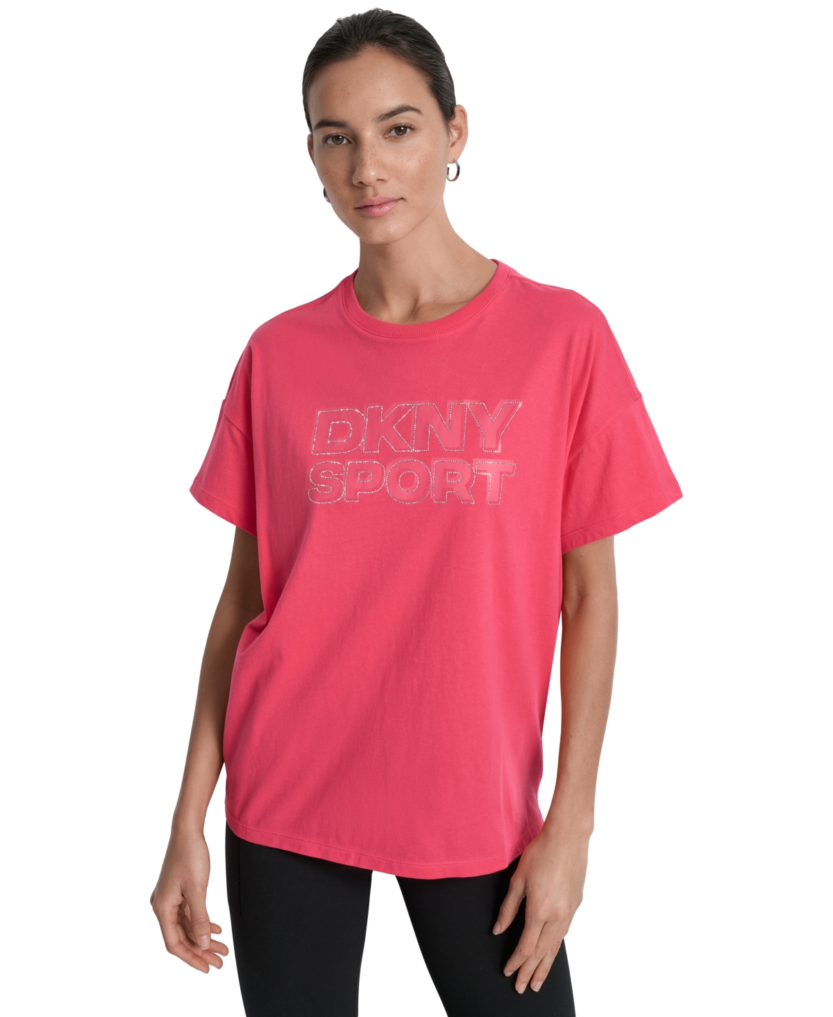 Sports Women's Rhinestone-Logo Drop-Shoulder T-Shirt - Black/silver