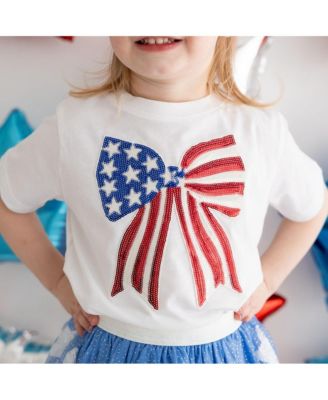 Little Girls Patriotic Sequin Bow Patch Short Sleeve T-Shirt