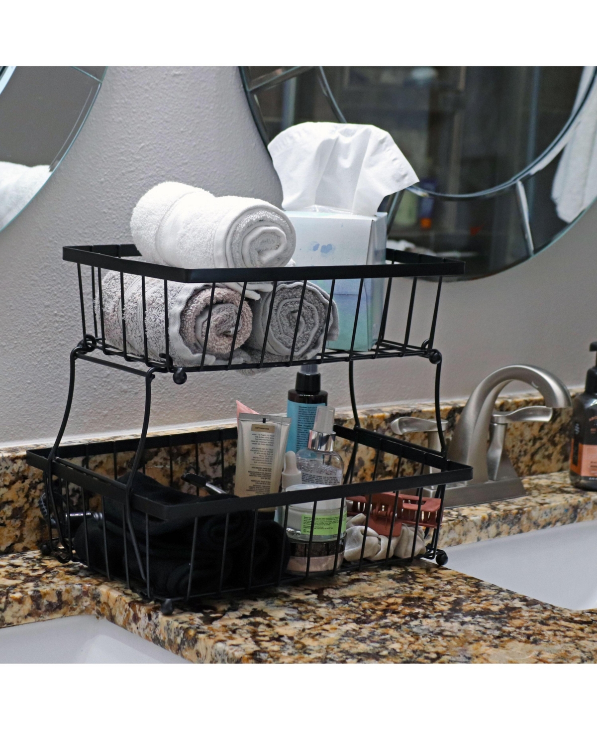 Indoor Metal Wire 2-Tier Collapsible Tabletop Storage Basket - Black