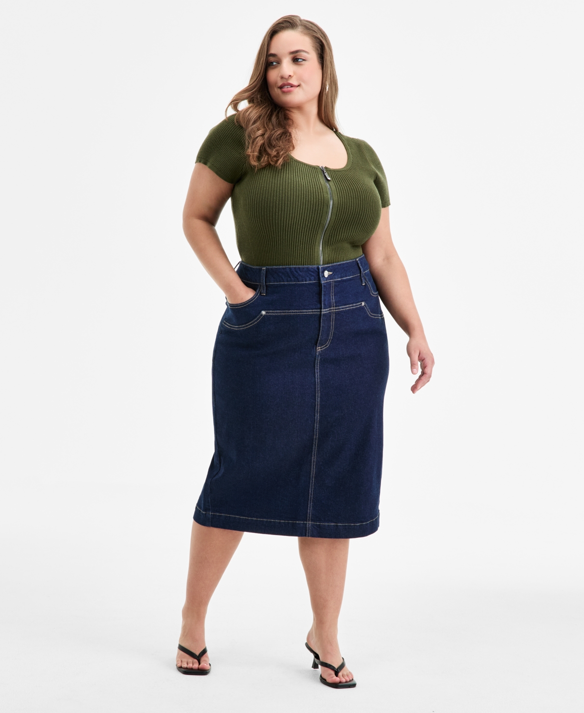 Trendy Plus Size Denim Midi Skirt, Exclusively at Macy's - Midnight Wash