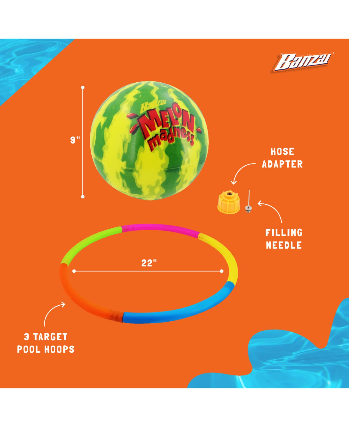 Детская игрушка Banzai Melon Madness 9" Water-Filled Pool Challenge with Target Hoops, Ages 8+, цвет: Разноцветный — фото 2