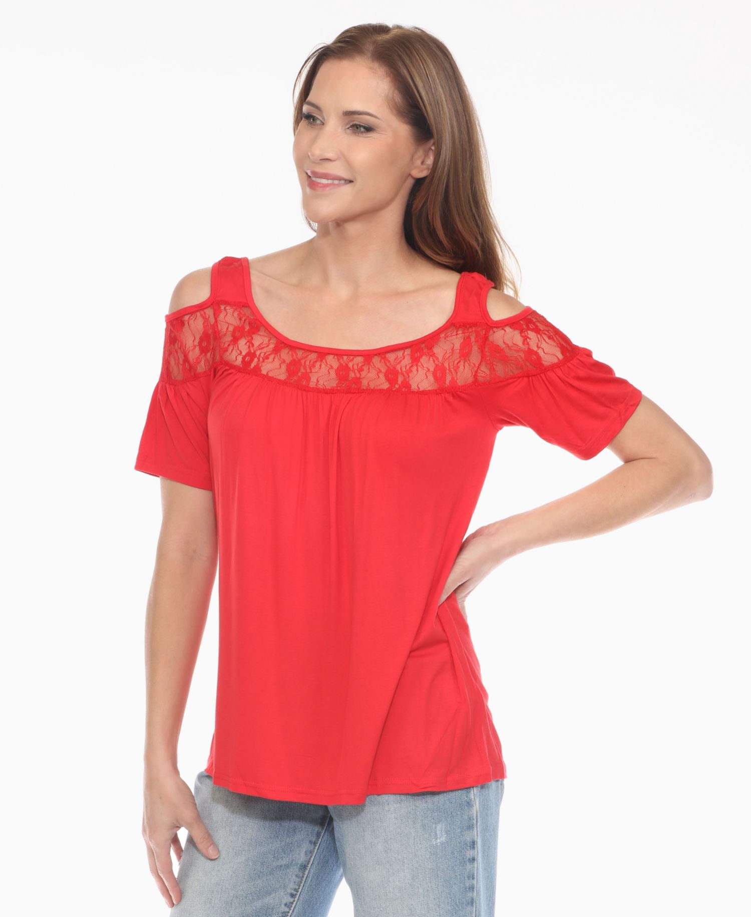 Plus Size Cold Shoulder Lace Trim Knit Top
