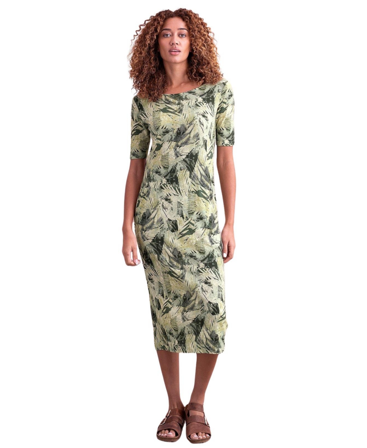 Women's Linen Blend Button Back Midi Dress - Leaf print