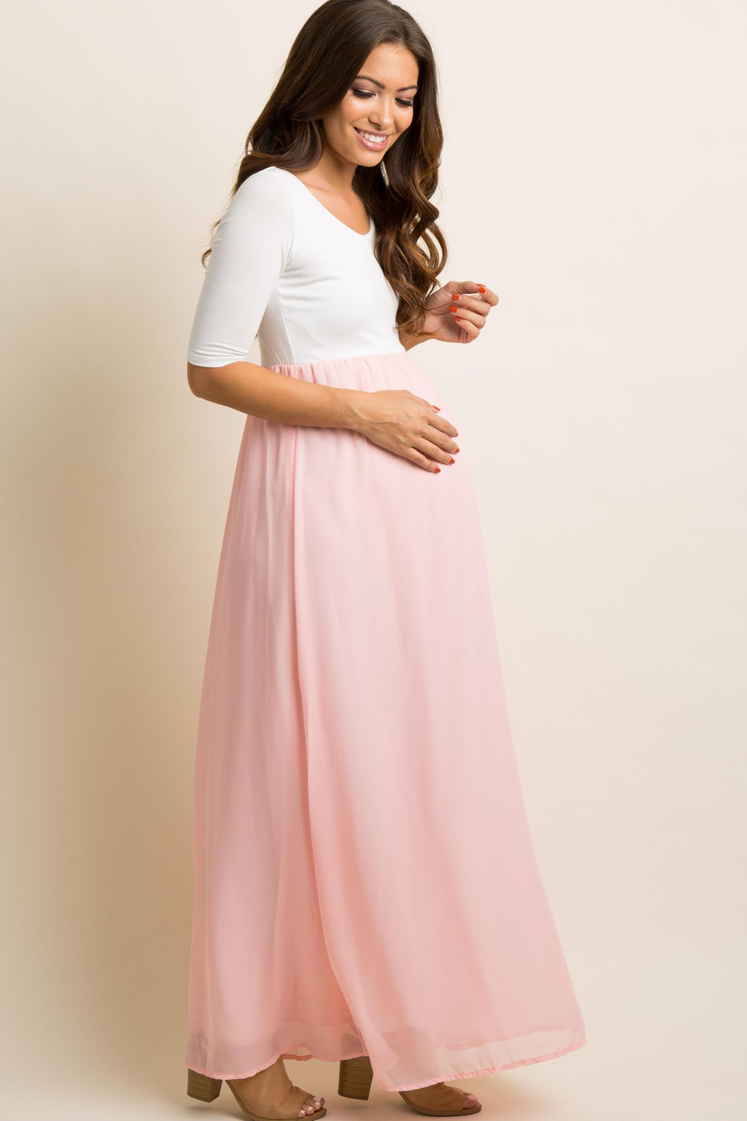 Women's Light Pink Chiffon Colorblock Maxi Dress