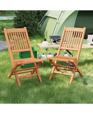 Set of 2 Indonesia Teak Wood Outdoor Chair Folding Portable Patio Chair w/ Slatted Seat & Back