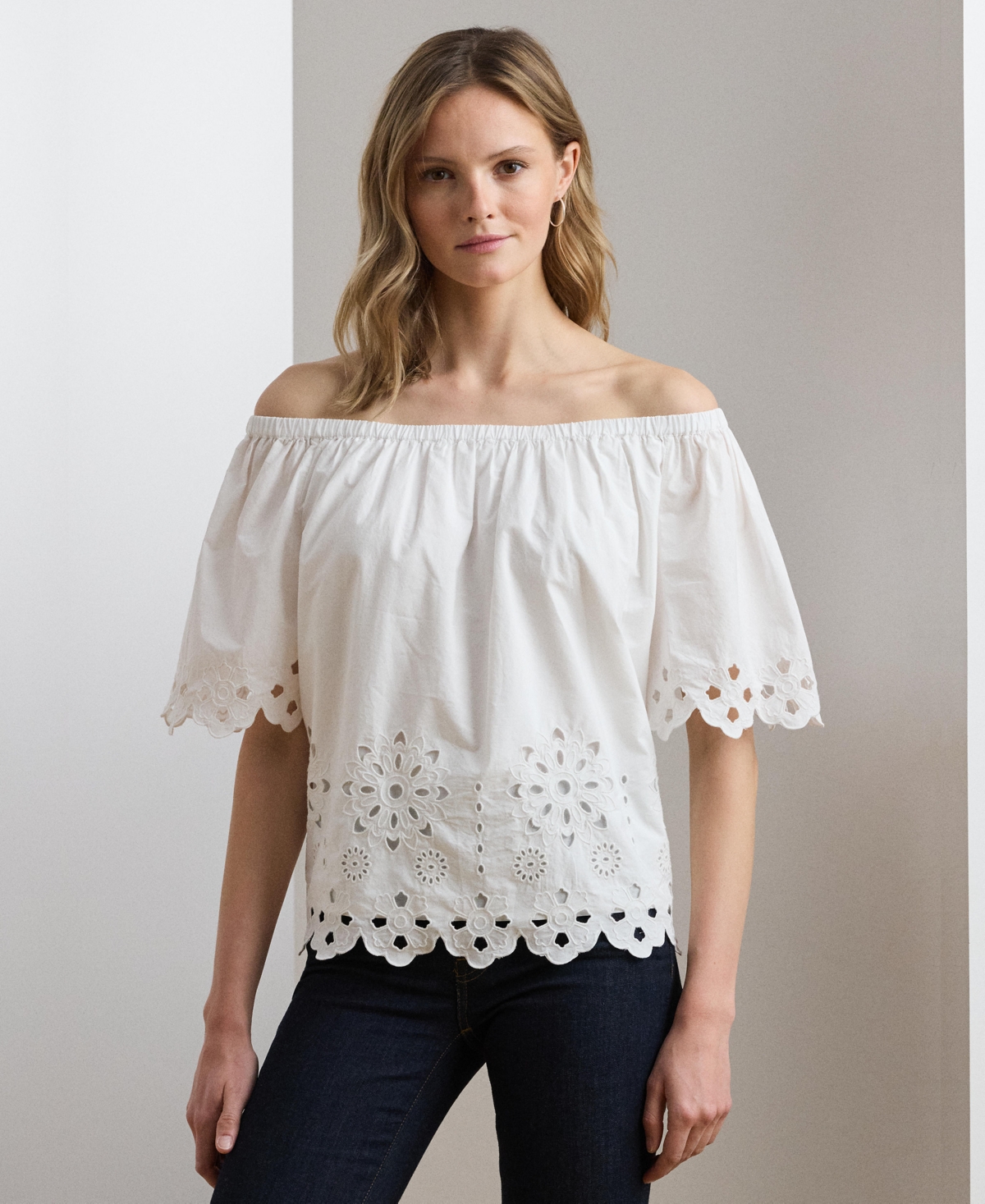 Women's Eyelet Cotton Off-the-Shoulder Blouse - White