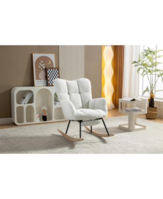 Streamdale Teddy Fabric Rocking Chair With Adjustable Footrest,Ivory