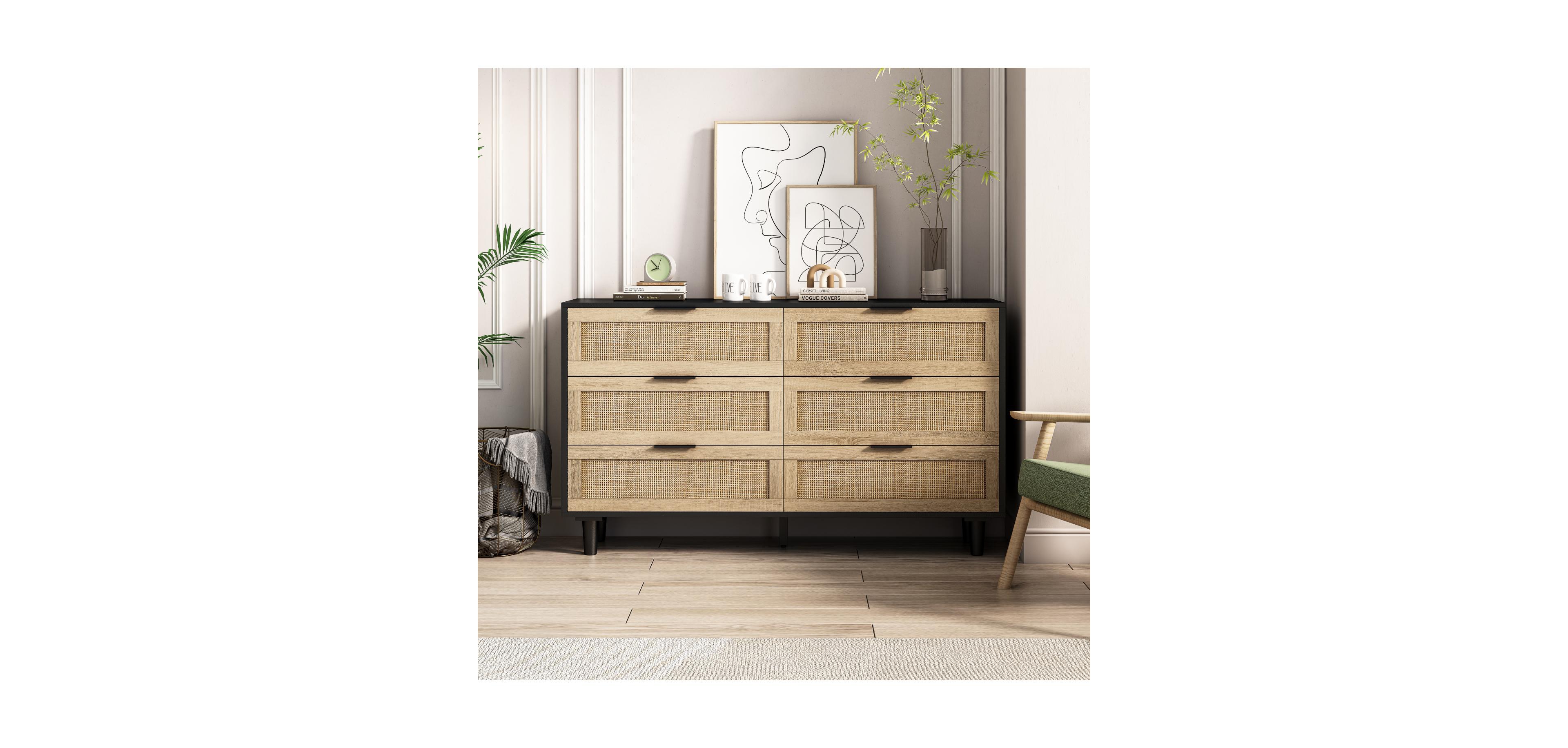 Streamdale Furniture 51.18"6-Drawers Rattan Storage Cabinet Rattan Drawer, for Bedroom, Living Room