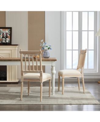 Antique Dining Chairs - Linen Fabric Upholstered Wooden Chairs Set of 2