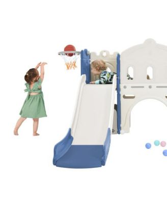 Qaba 7 in 1 Toddler Slide Playset Indoor Playground with Basketball Hoop Crawl Tunnel Cream White