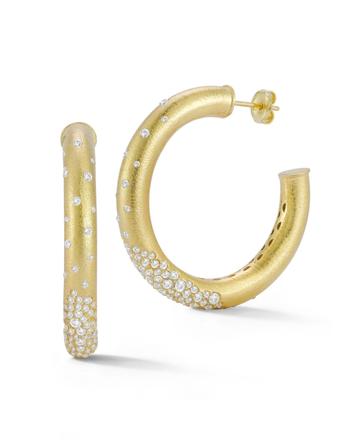 14K Gold Plated Sterling Silver Pave Satin Hoop Earrings - Silver