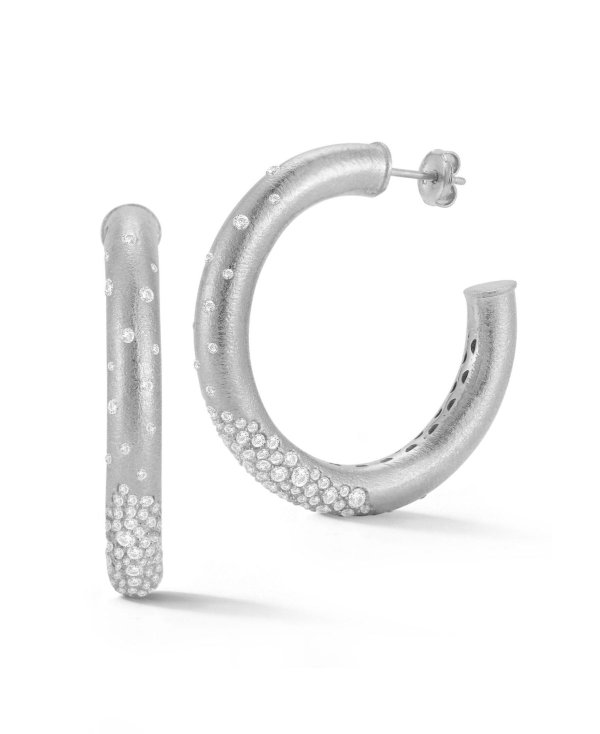 14K Gold Plated Sterling Silver Pave Satin Hoop Earrings - Silver
