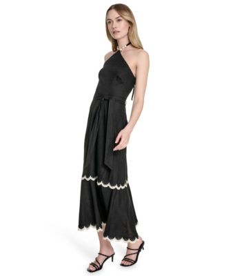 Women's Beaded-Strap Contrast-Trim Halter Midi Dress