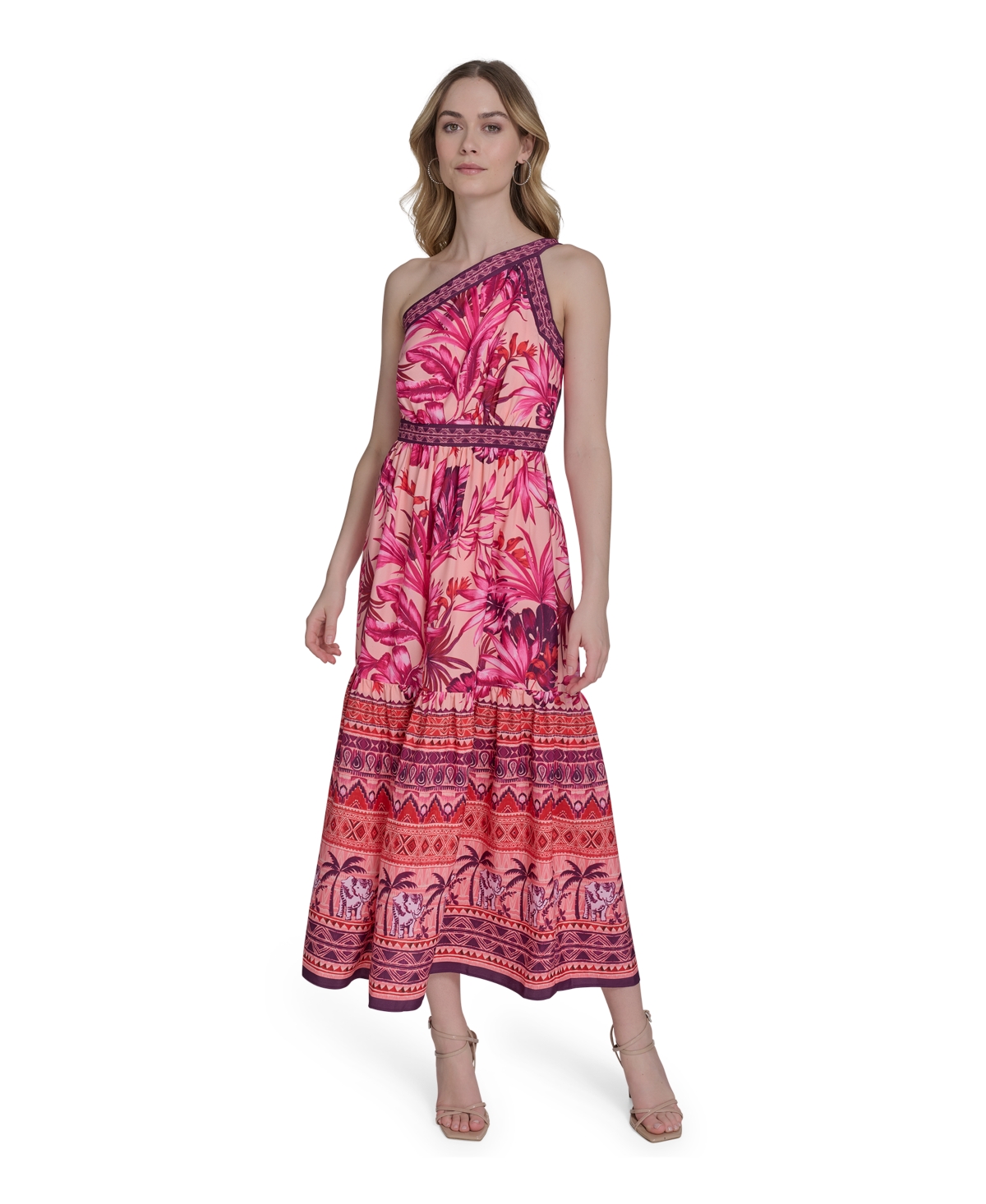 Women's Mixed-Print One-Shoulder Tiered Midi Dress - Purple