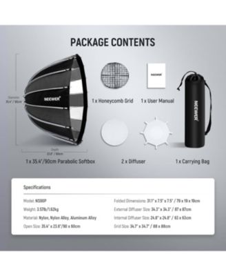 35.4"/90cm Parabolic Softbox Bowens Mount, Quick Release with Diffusers/Grid/Bag for Video Continuous Lighting CB60 CB200B MS60 MS150B Q4 Compatible with Godox Amaran 100x Aputure 600d, NS90P