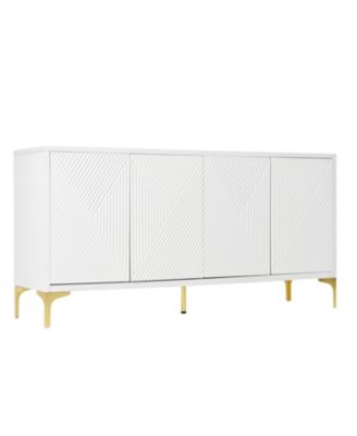 White Wood Buffet Cabinet with Carved Doors & Storage