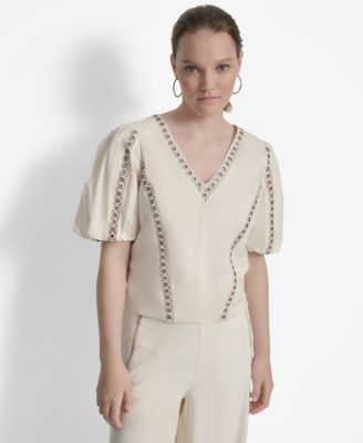 DKNY - Women's Cotton Grommet-Trim Puffed-Sleeve Top