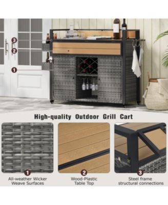 Wicker Grill Cart with Table Top & Storage