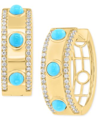 EFFY Collection - Turquoise (3mm) & Diamond (3/8 ct. t.w.) Small Hoop Earrings in 14k Gold-Plated Silver, 0.72"