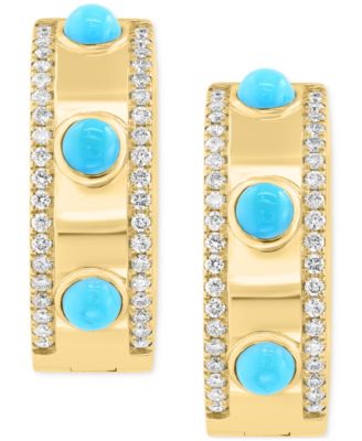 EFFY&reg; Turquoise (3mm) & Diamond (3/8 ct. t.w.) Small Hoop Earrings in 14k Gold-Plated Silver, 0.72" 