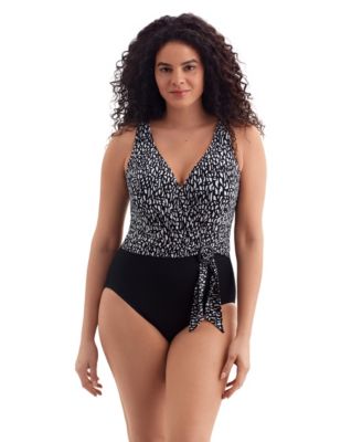 Women's Paper Mache Belted Surplice Long Torso One-Piece Swimsuit