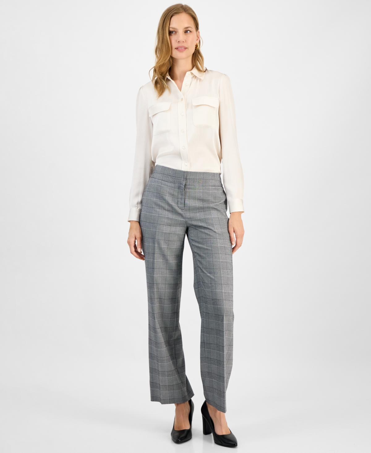 Women's Check-Print Wide-Leg Pants, Regular & Petite - Black/vanilla Ice