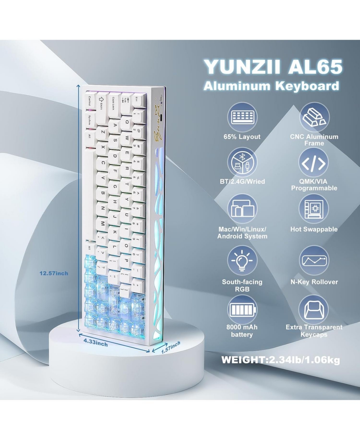 Yunzii AL65 Wireless Mechanical Keyboard, Full Aluminum Cnc,Support Qmk/Via Software Gasket Structure,60% Hot Swappable with Rgb Backlit Bt/2.4G/Usb-c