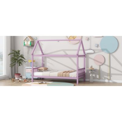 Twin House Bed with Headboard and Footboard, Twin Rubber Wood Bed with House Frame,Pink