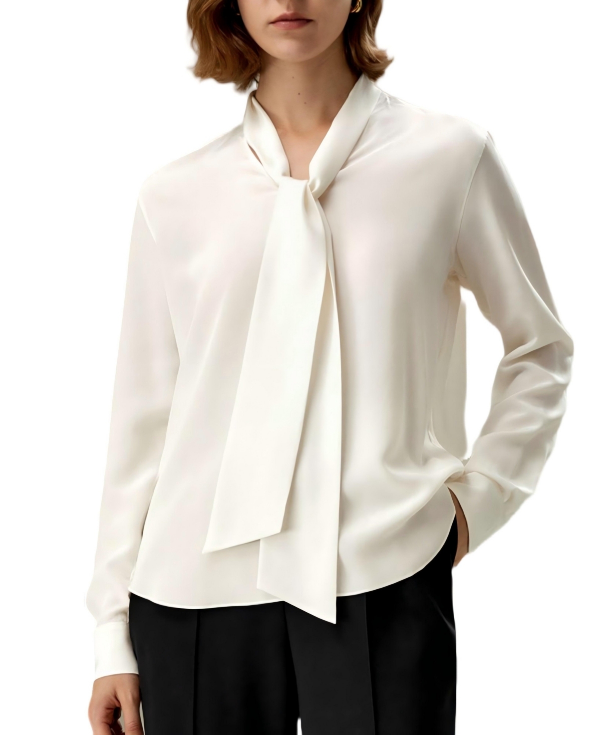 Women's Silk Bowtie Blouse - Natural white