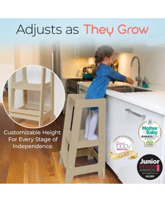 Toddler Tower with Adjustable Step, White Montessori-Inspired Toddler Step Stool, Standing Tower for Kids, Fits Under Kitchen Counters, Adjustable for 18 Month - 5 Years