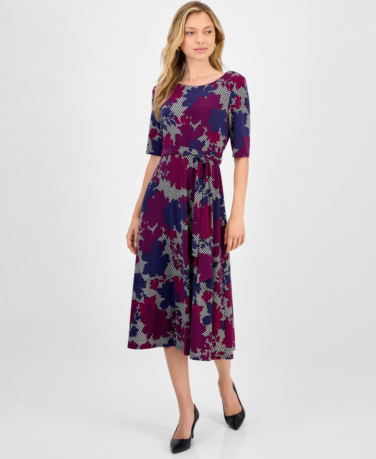 Women's Printed Tie-Waist Elbow-Sleeve Midi Dress - Vanilla Ice Multi